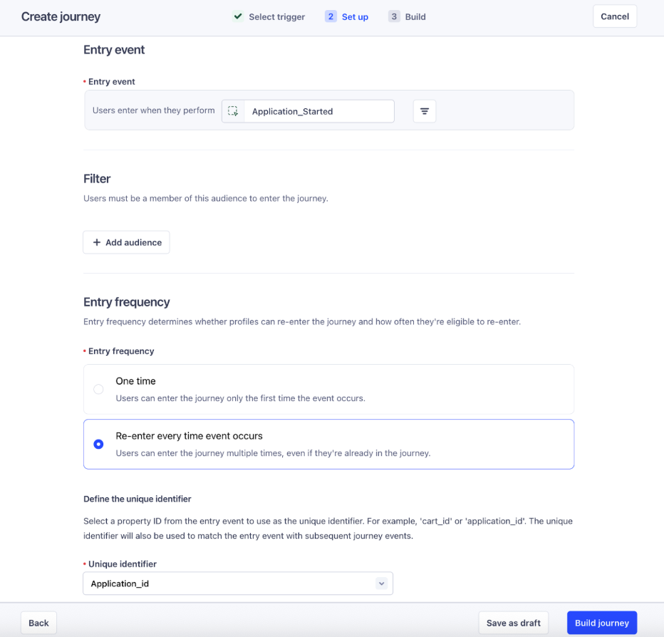 Screenshot of the journey setup screen showing the Application_Started entry event selected, with re-entry enabled and Application_id set as the unique identifier.
